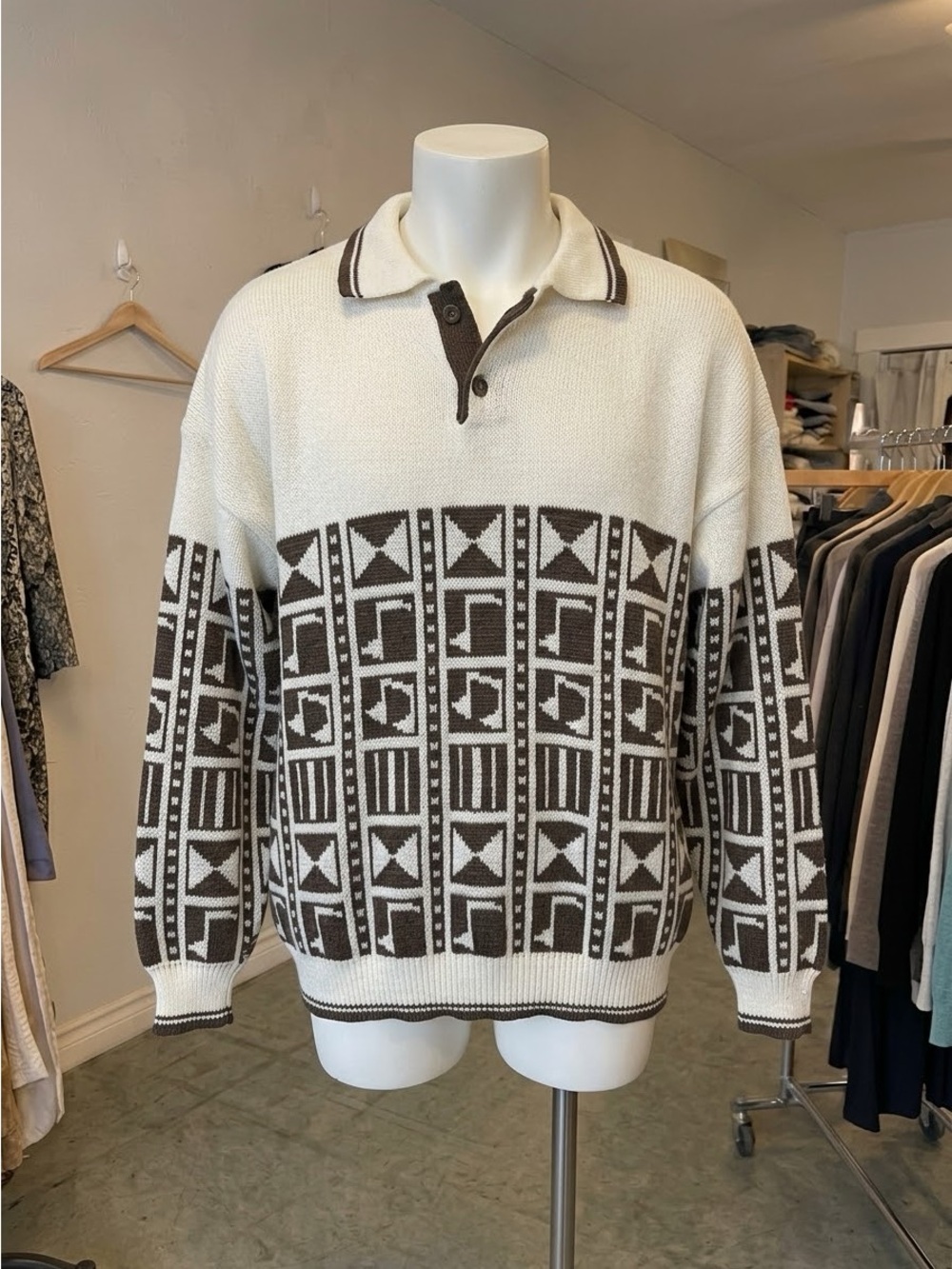 Vintage 90s Bronzini Geometric Knit Polo Sweater Cream Brown Long Sleeve Men XL